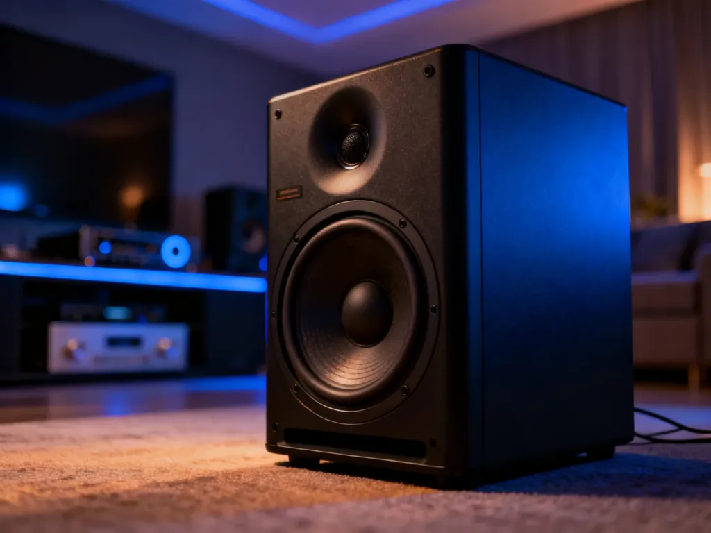 Czarny subwoofer ustawiony na podłodze w nowoczesnym kinie domowym z nastrojowym niebieskim oświetleniem.