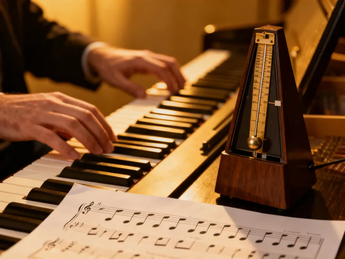 Ćwiczenie rytmu przy pianinie z metronomem i nutami