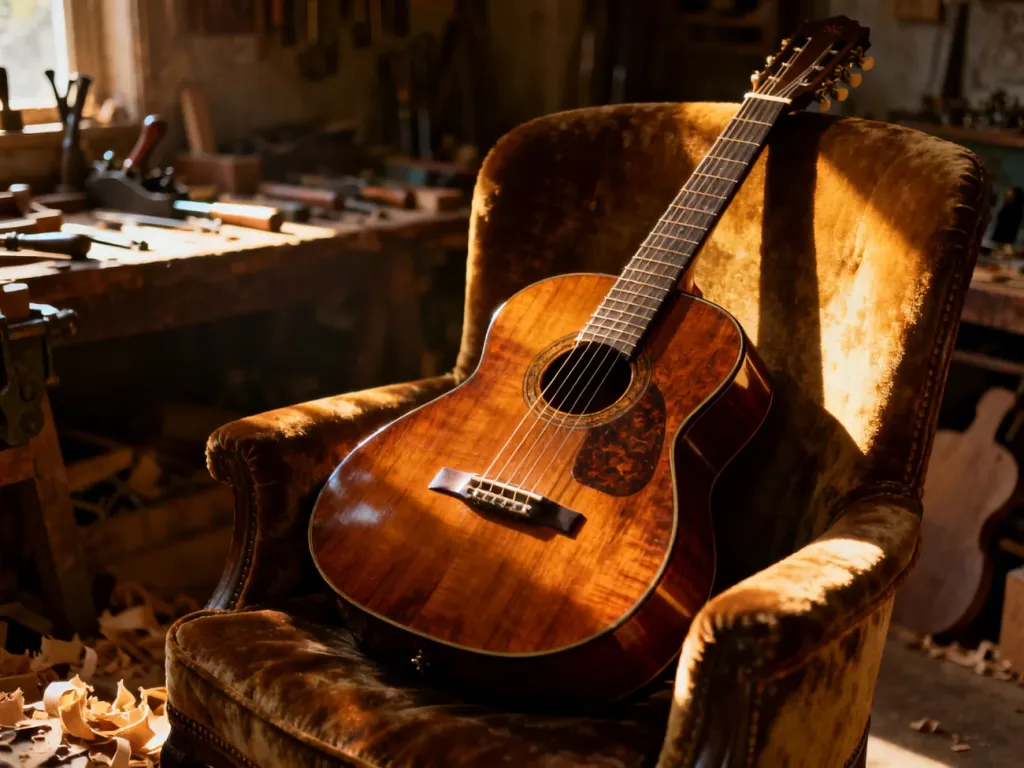 Zabytkowa gitara akustyczna spoczywająca na aksamitnym krześle w pracowni lutniczej, podkreślająca kunszt wykonania instrumentu.