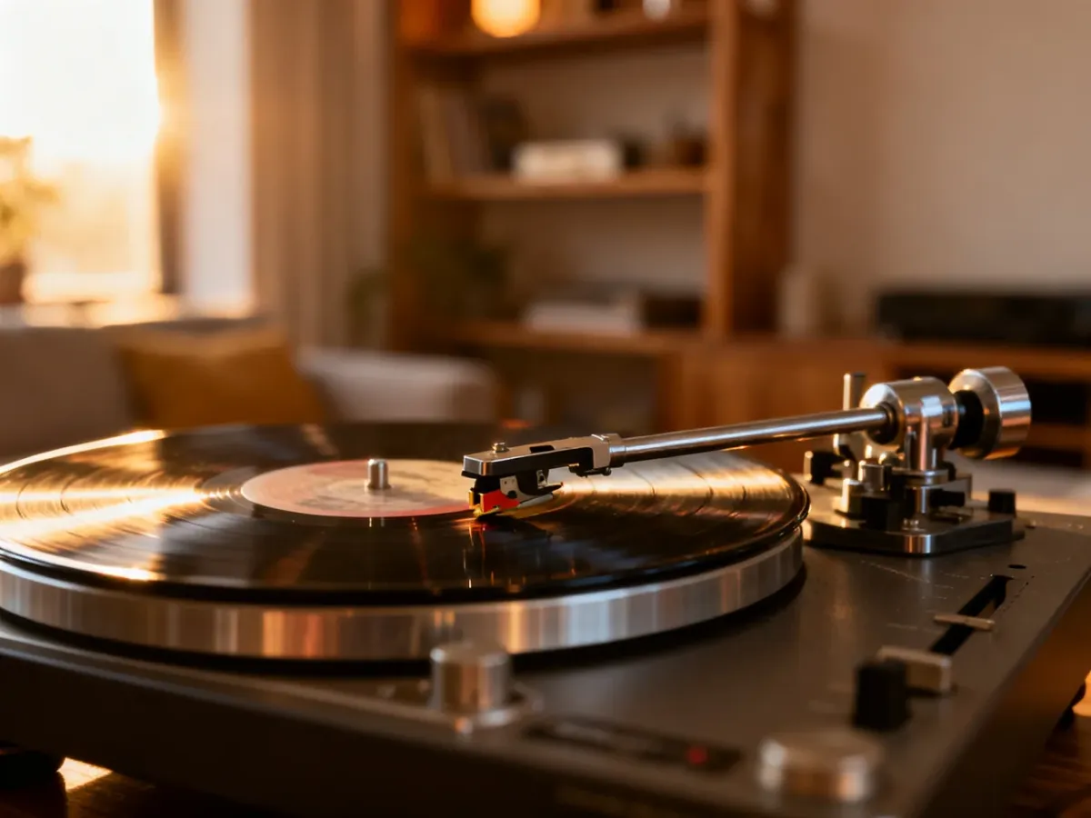 Gramofon w stylu vintage z igłą na obracającej się płycie winylowej w ciepłym świetle słonecznym.