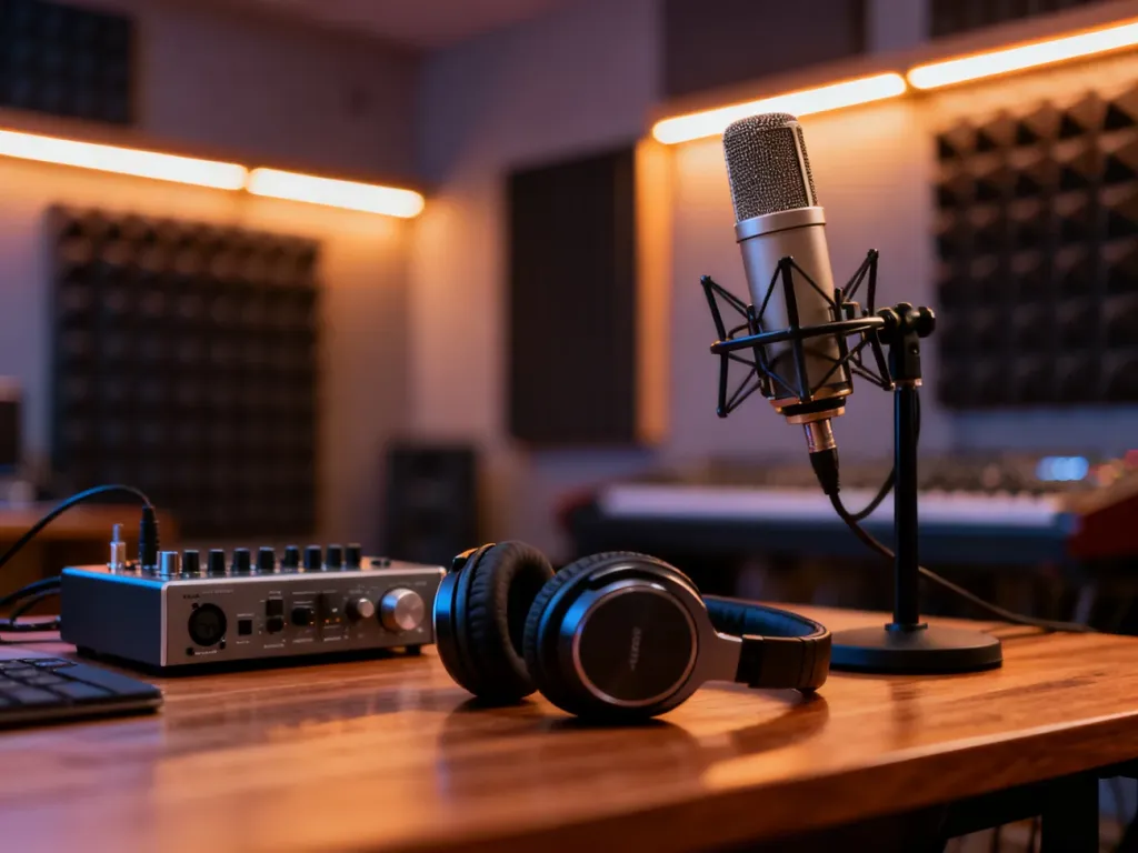 Profesjonalne domowe studio nagraniowe z mikrofonem, interfejsem audio i słuchawkami na biurku w nastrojowym oświetleniu.