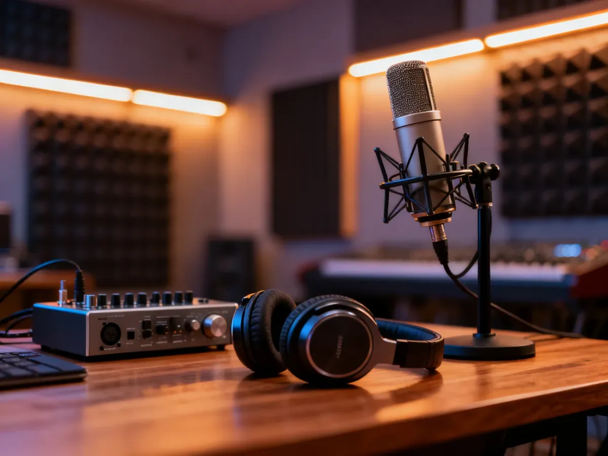Profesjonalne domowe studio nagraniowe z mikrofonem, interfejsem audio i słuchawkami na biurku w nastrojowym oświetleniu.