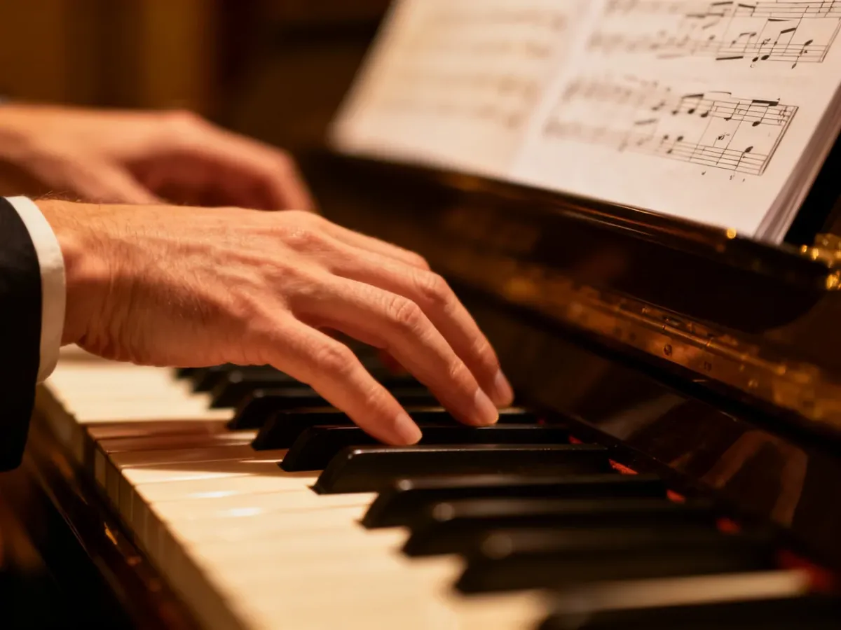 Dłonie pianisty grające kadencję na klawiaturze fortepianu