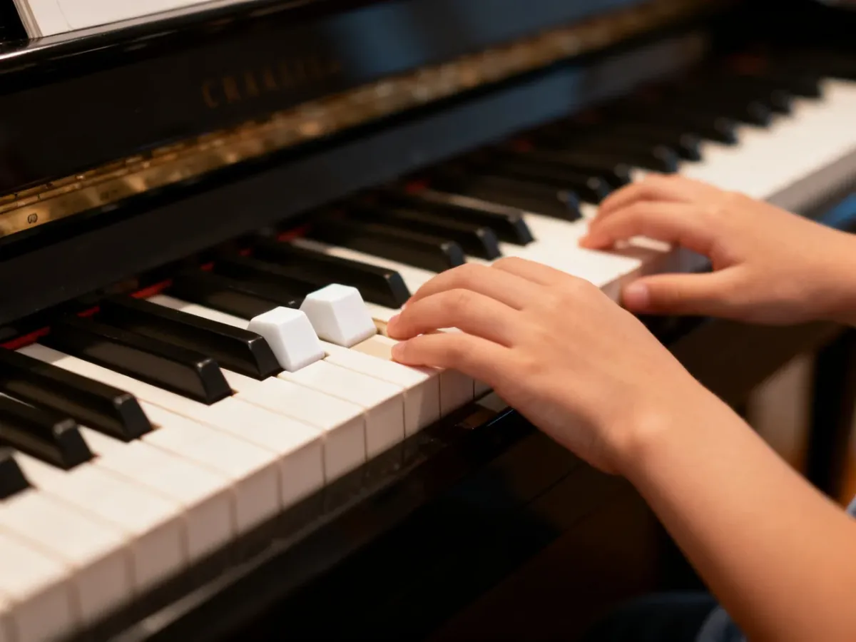 Dłoń początkującego muzyka grająca akord C-dur na klawiaturze pianina
