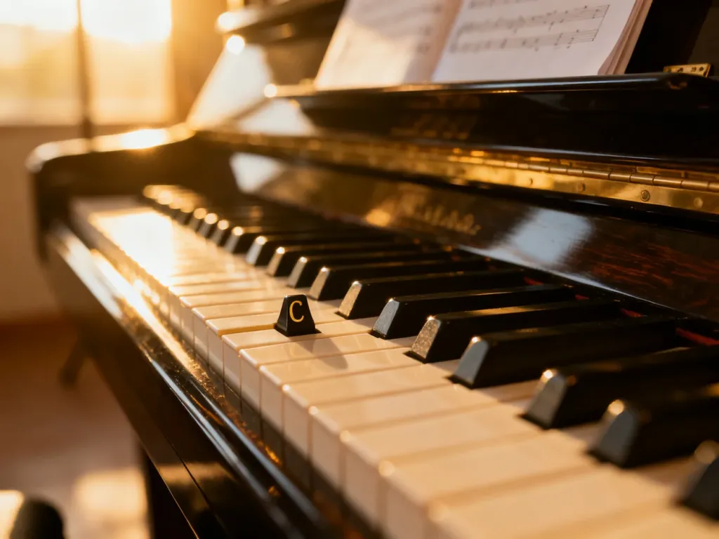 Zbliżenie na klawiaturę fortepianu w ciepłym świetle, podkreślające elegancję instrumentu używanego do tworzenia muzyki.