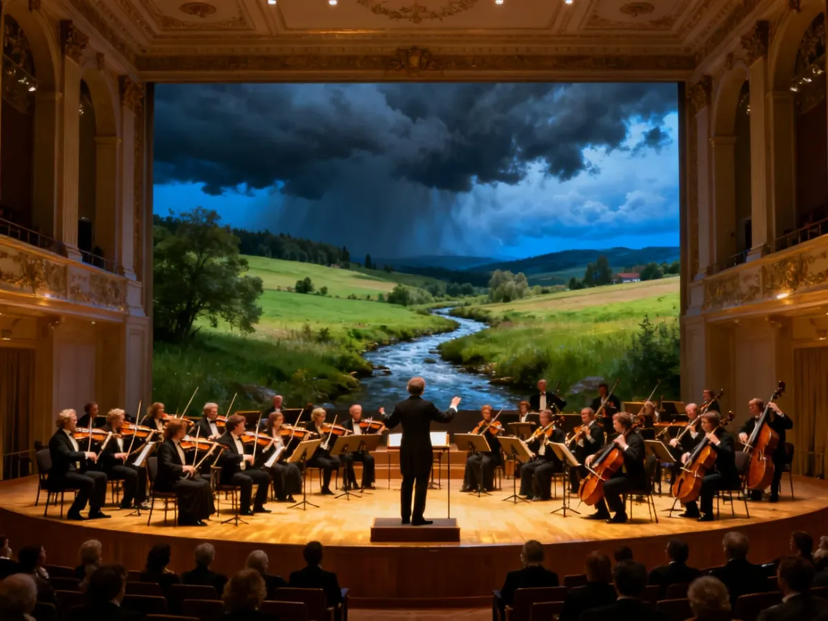 Orkiestra wykonująca Symfonię Pastoralną w atmosferze inspirowanej naturą
