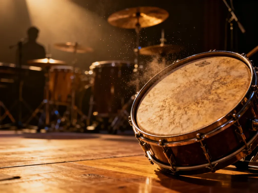 Zbliżenie na zabytkowy werbel orkiestrowy na drewnianej scenie w otoczeniu innych instrumentów perkusyjnych.