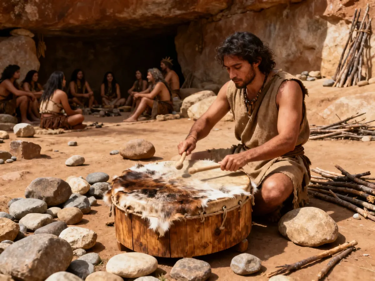 Prehistoryczny bęben wykonany z drewna i skóry używany podczas rytuału