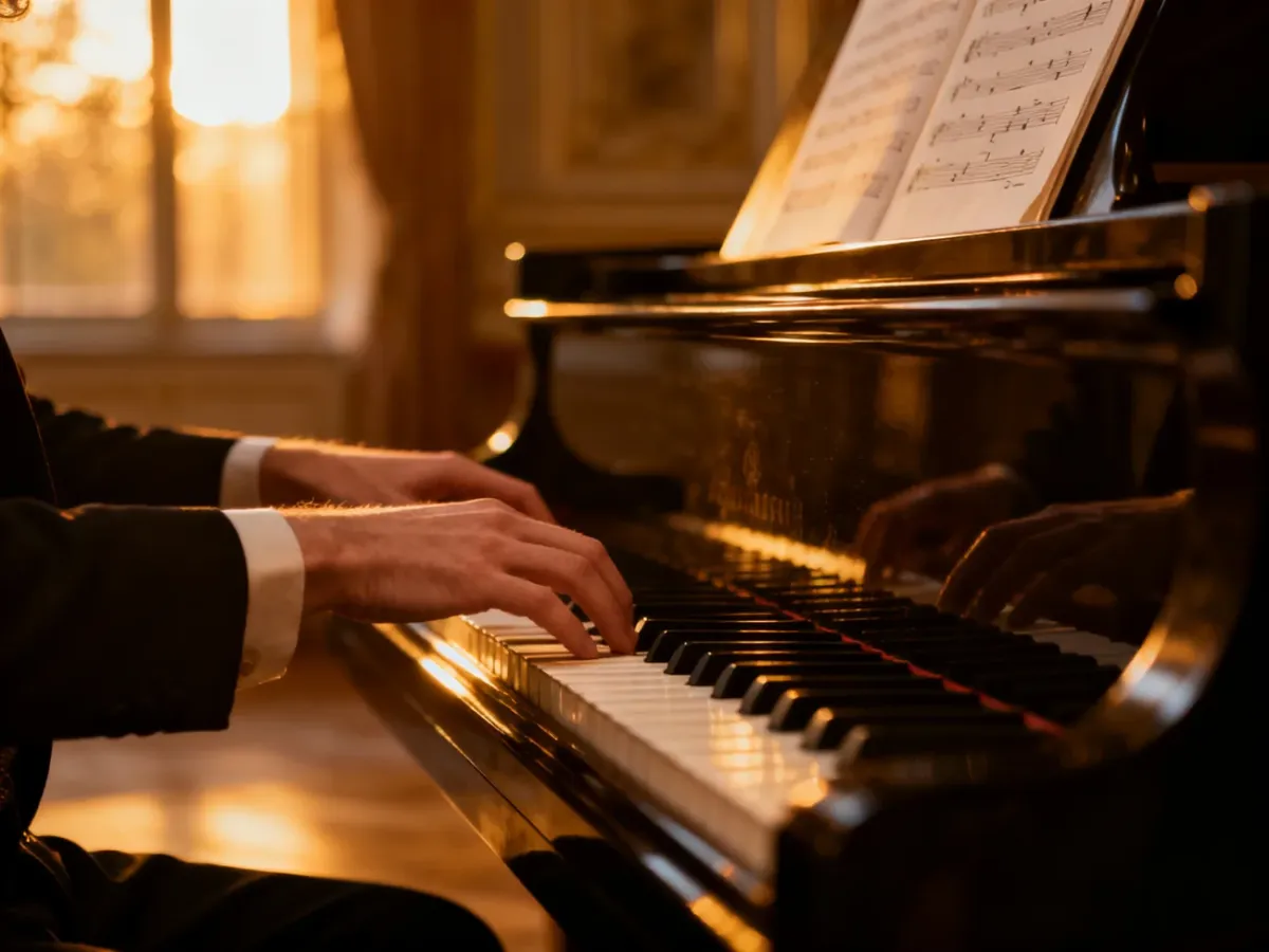 Pianista wykonujący kameralny utwór Beethovena przy fortepianie