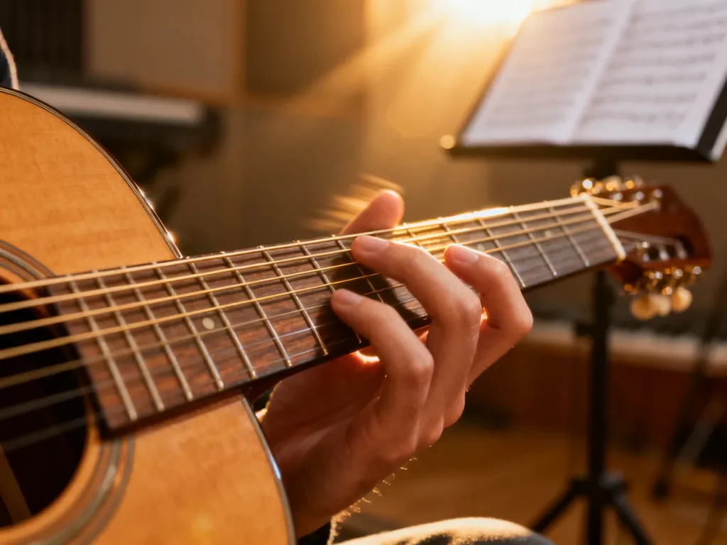 Dłonie muzyka grające arpeggio na strunach gitary akustycznej w słonecznym studiu nagraniowym.