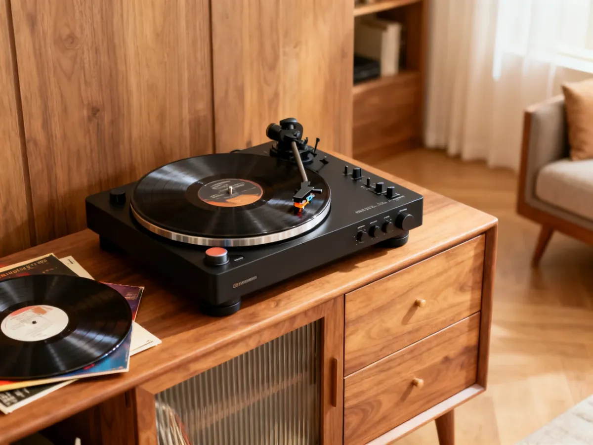 Gramofon paskowy z regulowanym ramieniem i akcesoriami do płyt winylowych