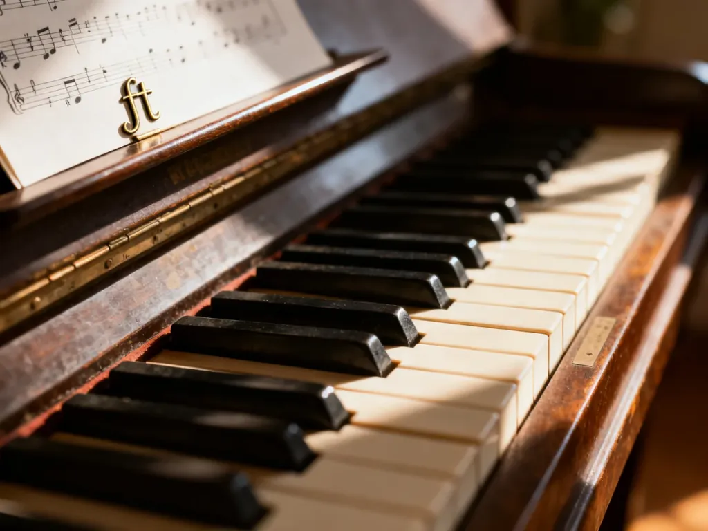 Zbliżenie na klawiaturę pianina i nuty z symbolem bemola, ilustrujące podstawy zapisu muzycznego.