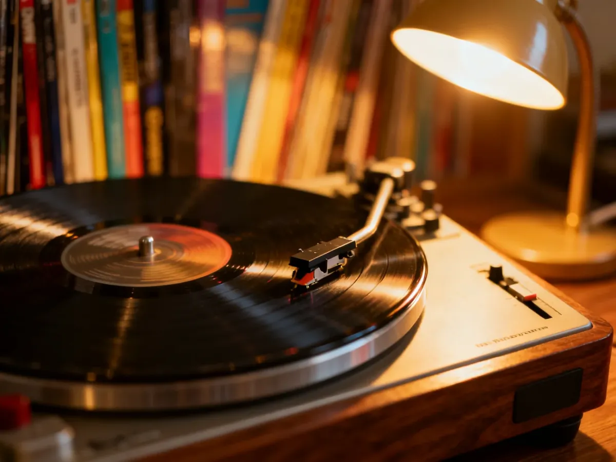 Gramofon z obracającą się płytą winylową w ciepłym, nostalgicznym oświetleniu, nawiązujący do historii muzyki.