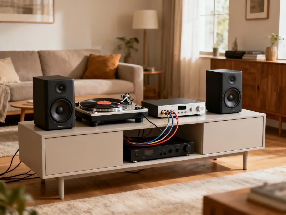 Gramofon połączony z przedwzmacniaczem, wzmacniaczem i głośnikami