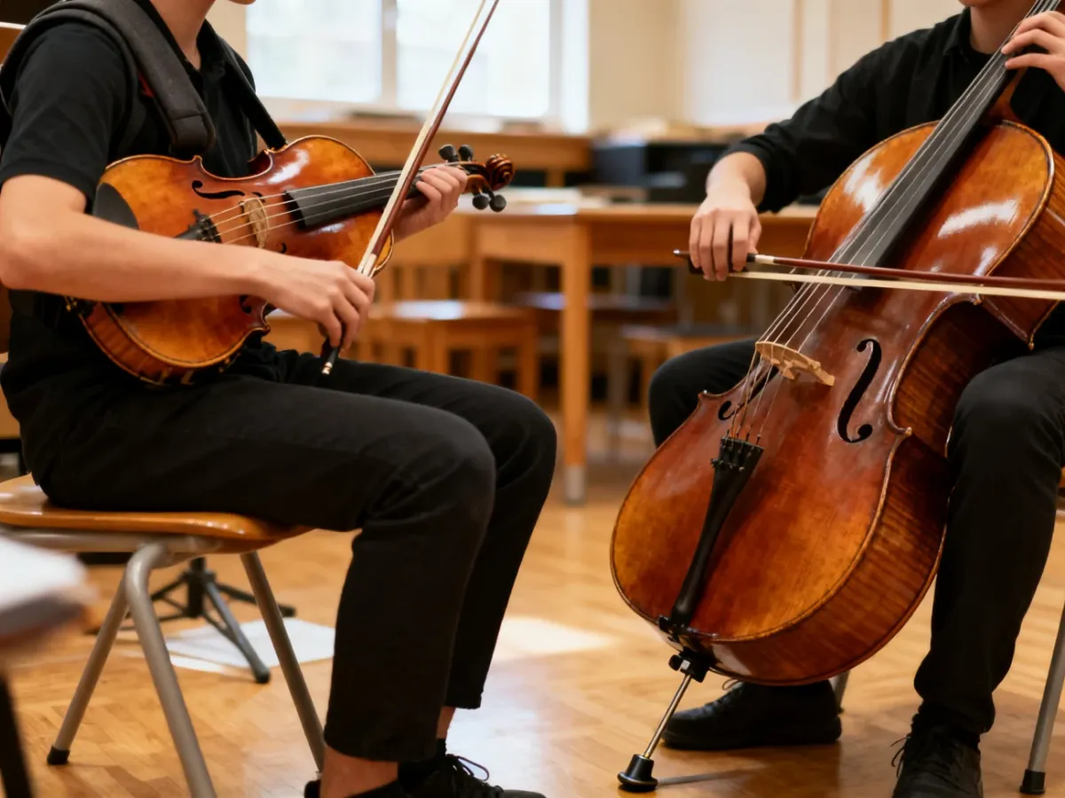 Muzycy grający na altówce i wiolonczeli w różnych pozycjach